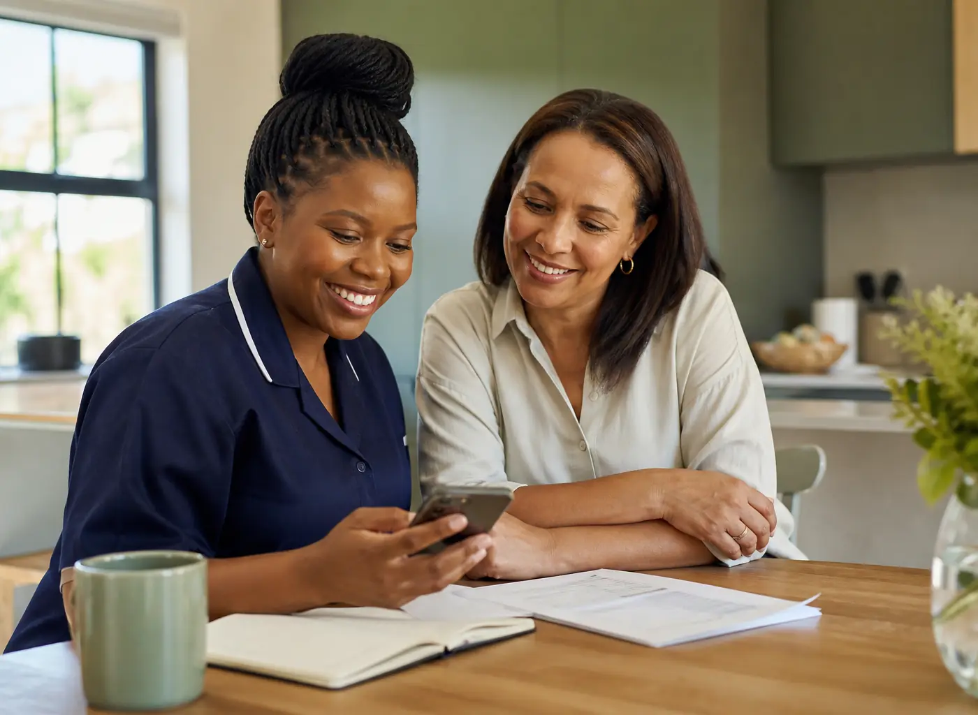 Household employer and domestic worker reviewing employment details together on a phone